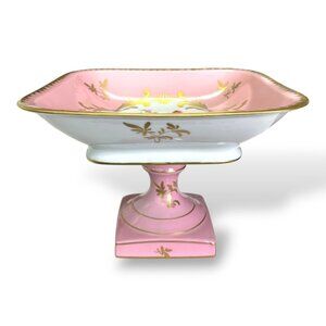 Vintage Made in France Pink & White Porcelain Pedestal Compote Bowl Gold Gilt
